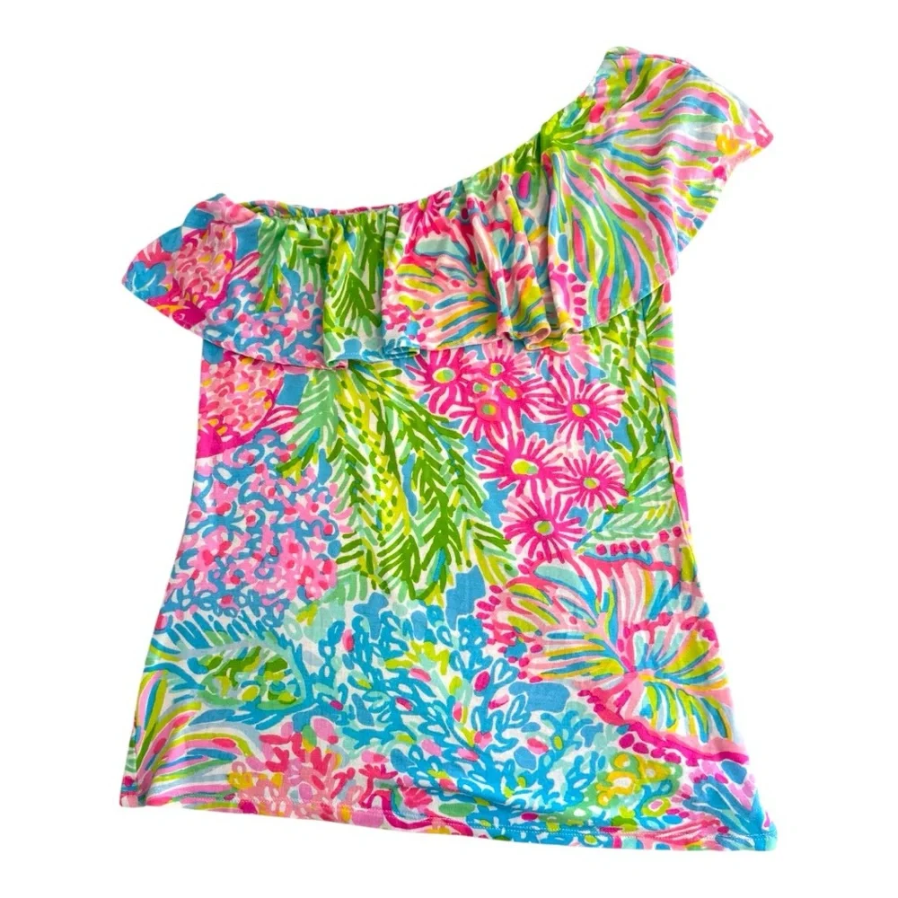 Lilly Pulitzer Neveah Vibrant Pink Blue Green Floral One Shoulder Top XXSmall - Picture 1 of 8